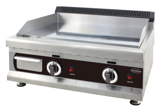 Combisteel CHROME 650 stainless steel tabletop gas griddle with two burners and chromed cooking surface