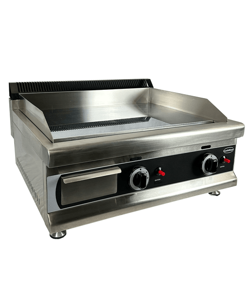 Stainless steel tabletop gas griddle with chrome cooking surface and two control knobs view 2
