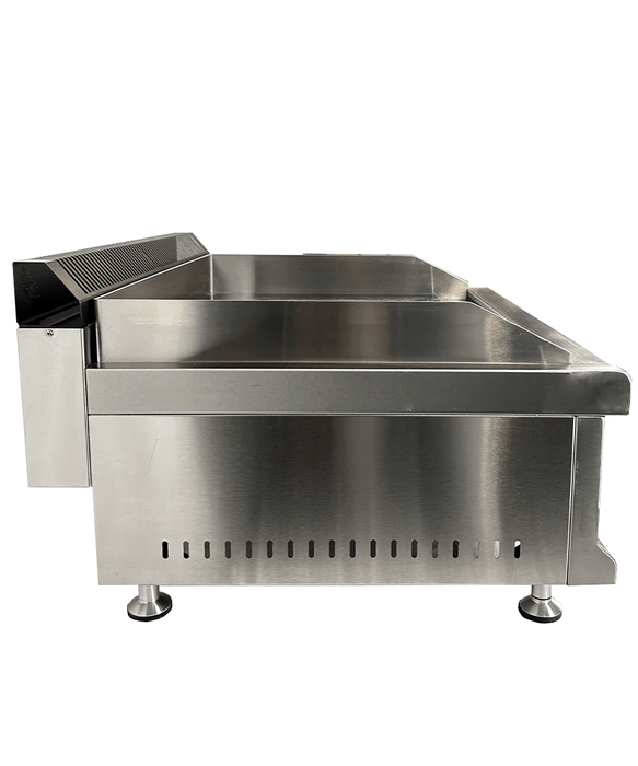 Stainless steel tabletop gas griddle with two burners and chromed cooking surface view 7