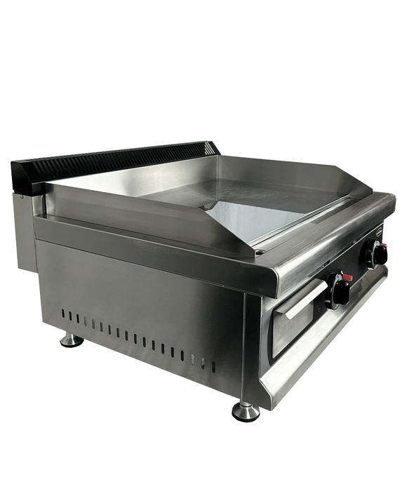 Stainless steel tabletop gas griddle with two burners and chromed cooking surface view 3