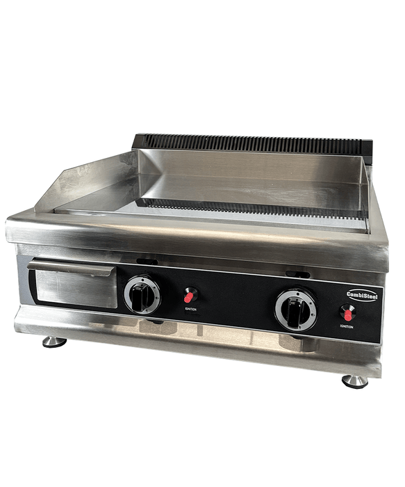 Stainless steel tabletop gas griddle with two burners and chromed cooking surface view 4