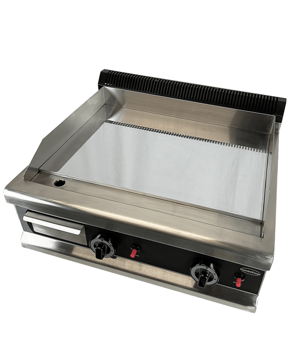 Stainless steel tabletop gas griddle with chrome cooking surface and two control knobs view 5