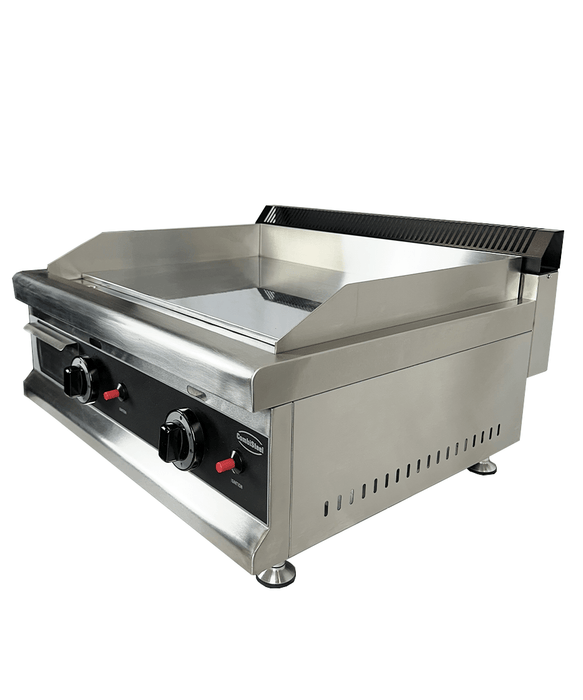 Stainless steel tabletop gas griddle with two burners and chromed cooking surface view 6