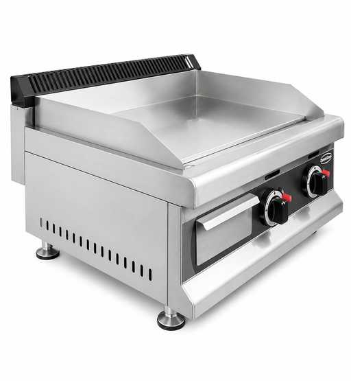 Combisteel CHROME 650 stainless steel tabletop gas griddle with two burners and chromed cooking surface view 2