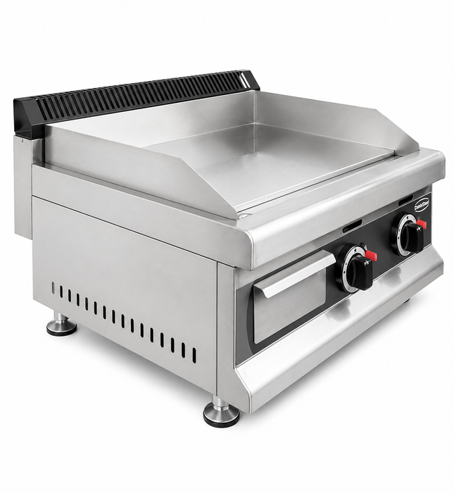 Combisteel CHROME 650 stainless steel tabletop gas griddle with two burners and chromed cooking surface view 2