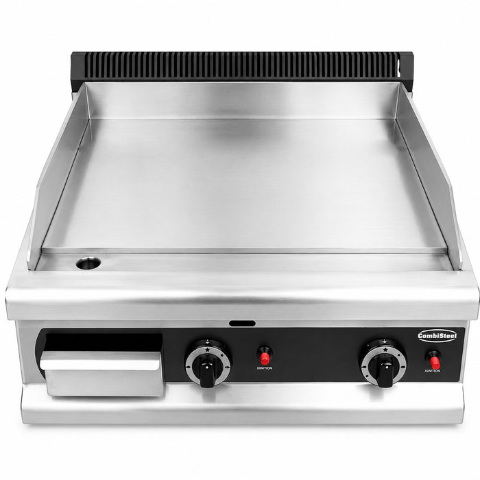 Combisteel CHROME 650 stainless steel tabletop gas griddle with two burners and chromed cooking surface view 3
