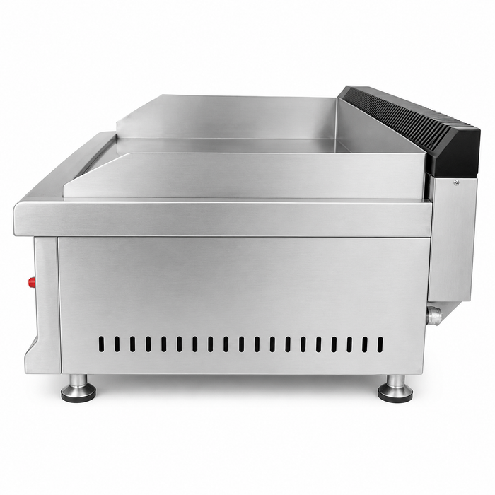Combisteel CHROME 650 stainless steel tabletop gas griddle with two burners and chromed cooking surface view 4