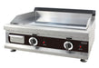 Stainless steel tabletop gas griddle with chrome cooking surface and two knob controls
