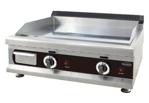 Stainless steel tabletop gas griddle with chrome cooking surface and two knob controls