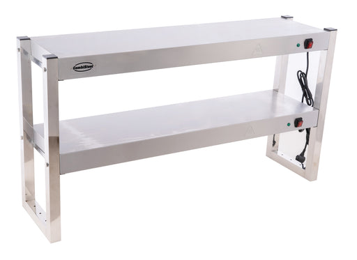 Stainless steel two-tier heated overshelf with halogen elements, 1200mm wide tabletop unit