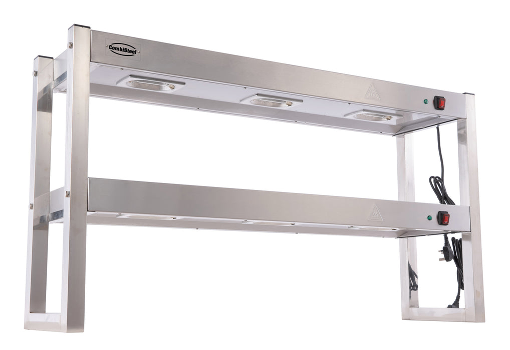 Stainless steel two-tier heated overshelf with halogen elements, 1200mm wide tabletop unit view 2