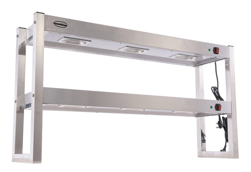 Stainless steel two-tier heated overshelf with halogen elements, 1200mm wide tabletop unit view 2