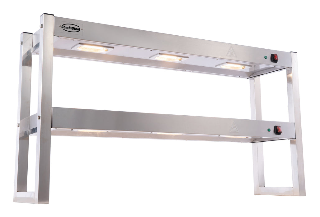 Stainless steel two-tier heated overshelf with halogen elements, 1200mm wide tabletop unit view 3