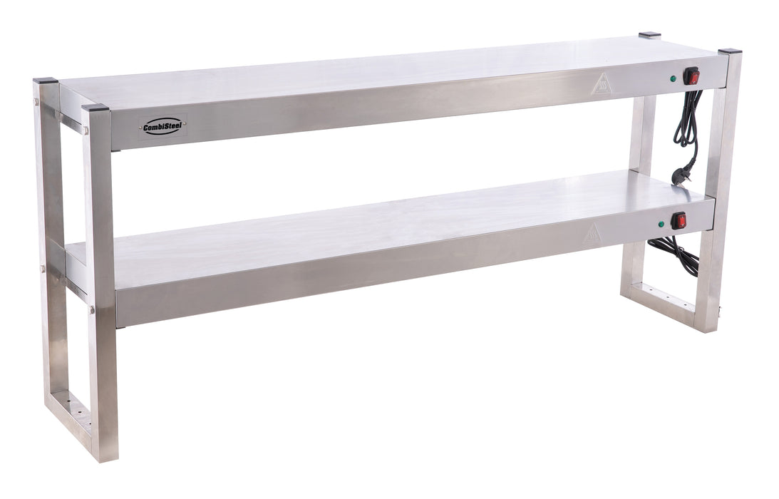 Stainless steel 2 tier heated overshelf with halogen heating elements, tabletop model.