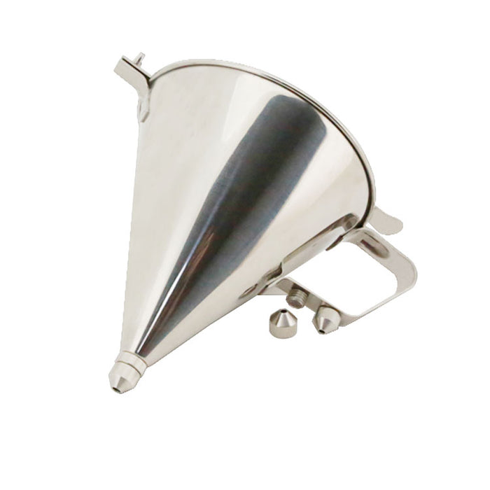 Stainless steel batter dispenser with dosing button and spout attachments view 2