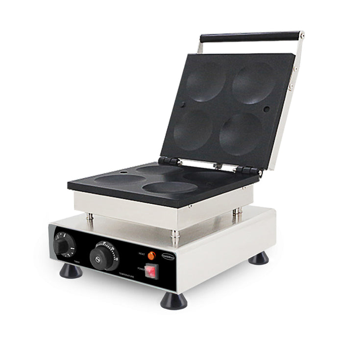 Stainless steel tabletop pancake maker with four 10cm round griddles and knob controls