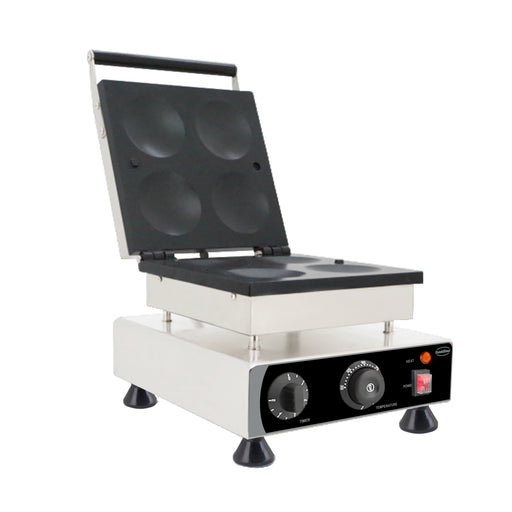 Stainless steel tabletop pancake maker with four 10cm round griddles and knob controls view 2