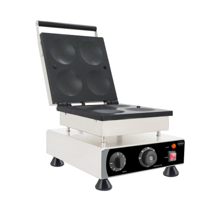 Stainless steel tabletop pancake maker with four 10cm round griddles and knob controls view 2