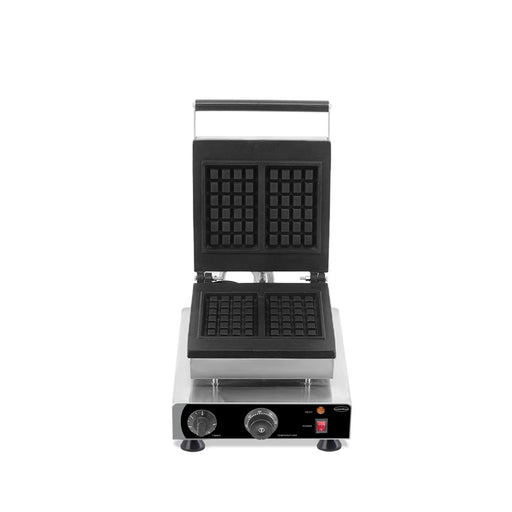 Stainless steel double waffle iron with cast aluminium plates and control knob view 2