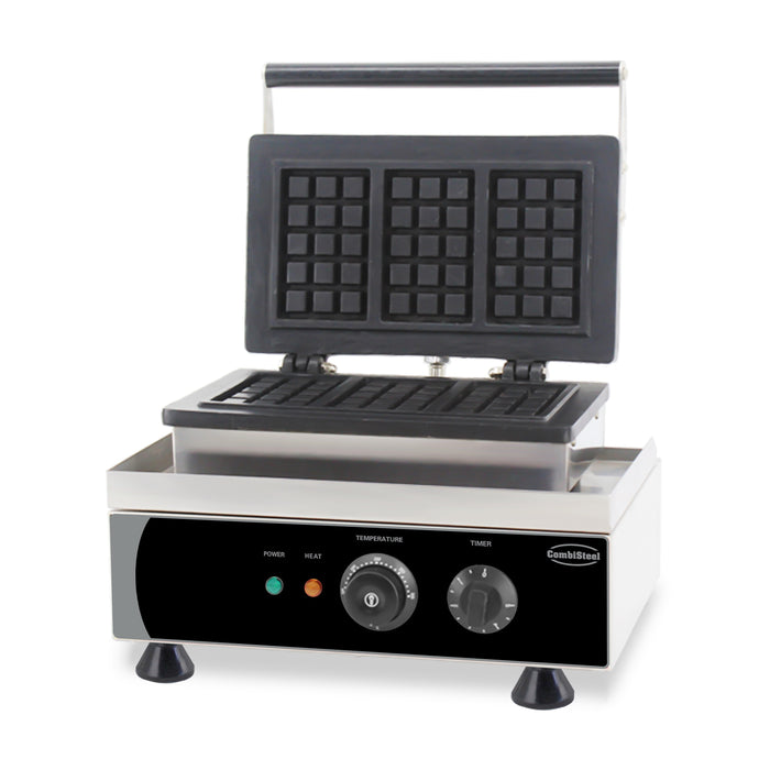 Stainless steel waffle iron with non-stick cast aluminium plates on tabletop stand