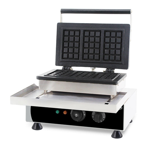 Stainless steel waffle iron with non-stick cast aluminium plates on tabletop stand view 2