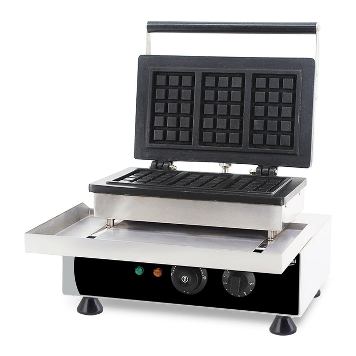 Stainless steel waffle iron with non-stick cast aluminium plates on tabletop stand view 2