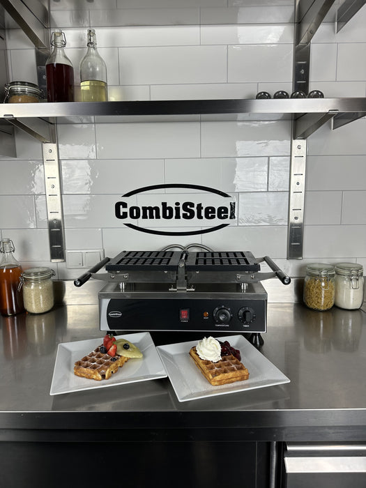 Stainless steel rotating waffle iron with dual cast aluminium plates and control knob view 4