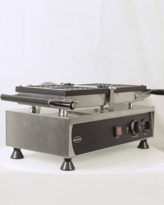 Stainless steel rotating waffle iron with dual cast aluminium plates and control knob view 5
