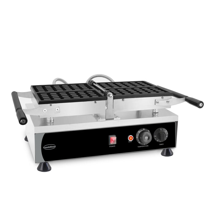 Stainless steel rotating waffle iron with dual cast aluminium plates and control knob view 2