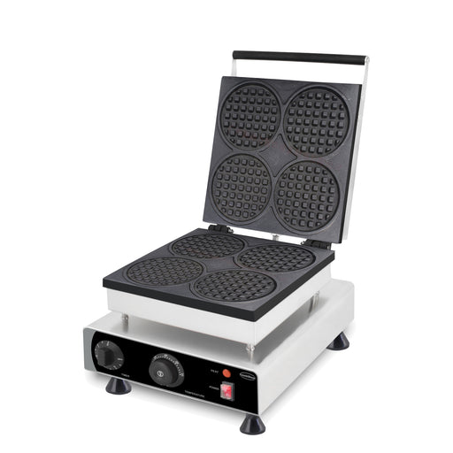 Stainless steel tabletop waffle iron with round cooking plates and control knob