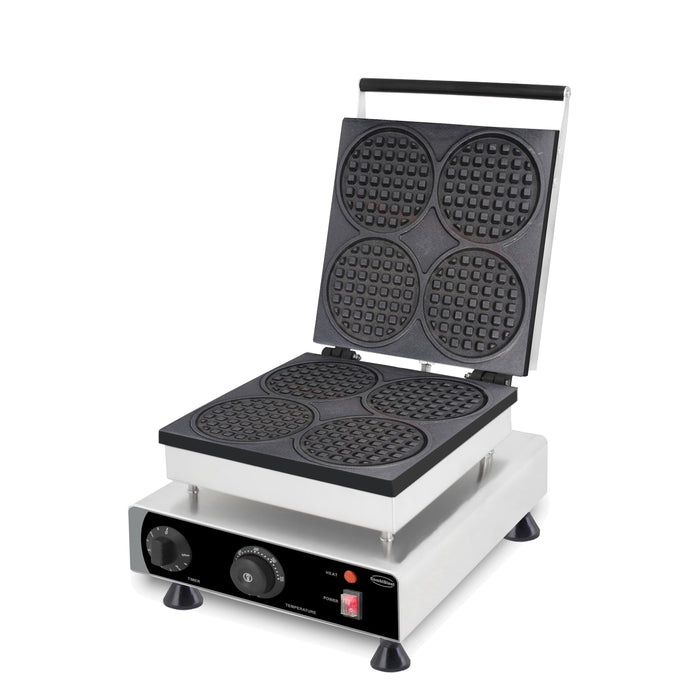 Stainless steel tabletop waffle iron with round cooking plates and control knob