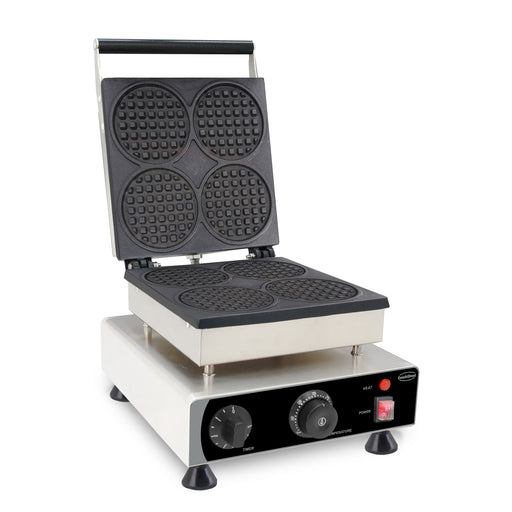 Stainless steel tabletop waffle iron with round cooking plates and control knob view 2