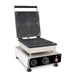 Stainless steel tabletop waffle iron with round cooking plates and control knob view 2