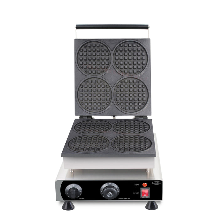 Stainless steel tabletop waffle iron with round cooking plates and control knob view 3