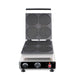 Stainless steel tabletop waffle iron with round cooking plates and control knob view 3