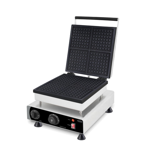 Stainless steel countertop waffle iron with square cooking plates and control knob