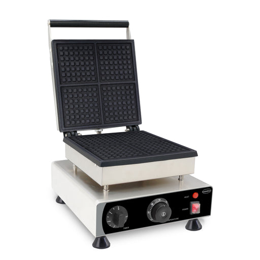 Stainless steel countertop waffle iron with square cooking plates and control knob view 2