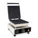 Stainless steel countertop waffle iron with square cooking plates and control knob view 2