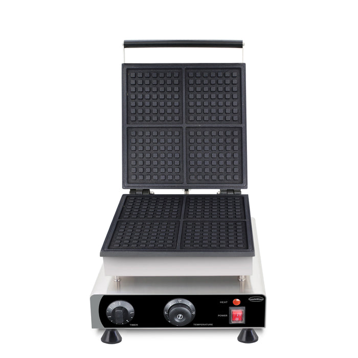 Stainless steel countertop waffle iron with square cooking plates and control knob view 3