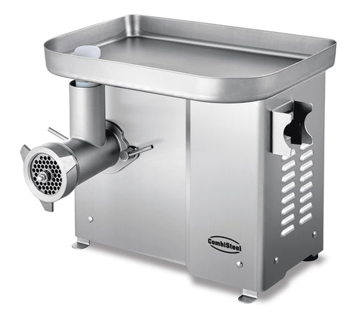 Stainless steel Combisteel meat mincer with three grinding plates on white background