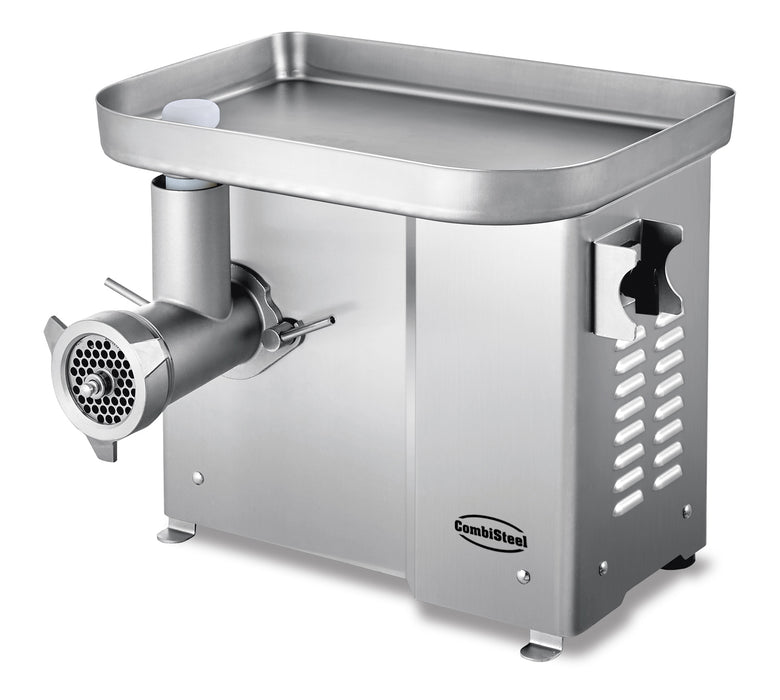 Stainless steel compact meat mincer with three grinding plates and electric motor