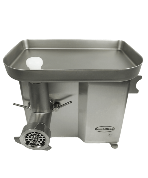 Stainless steel compact meat mincer with three grinding plates and electric motor view 2