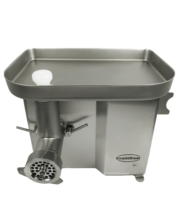 Stainless steel compact meat mincer with three grinding plates and electric motor view 2