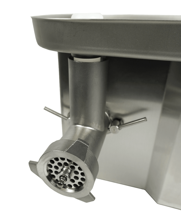 Stainless steel compact meat mincer with three grinding plates and electric motor view 3