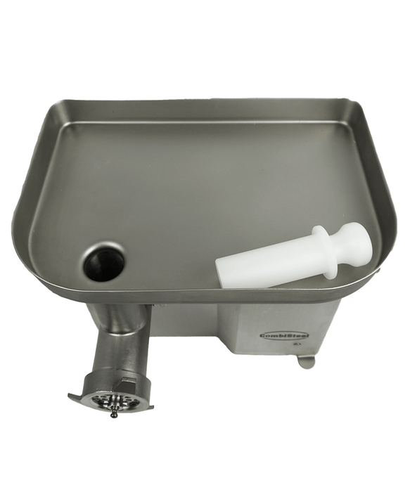 Stainless steel compact meat mincer with three grinding plates and electric motor view 4