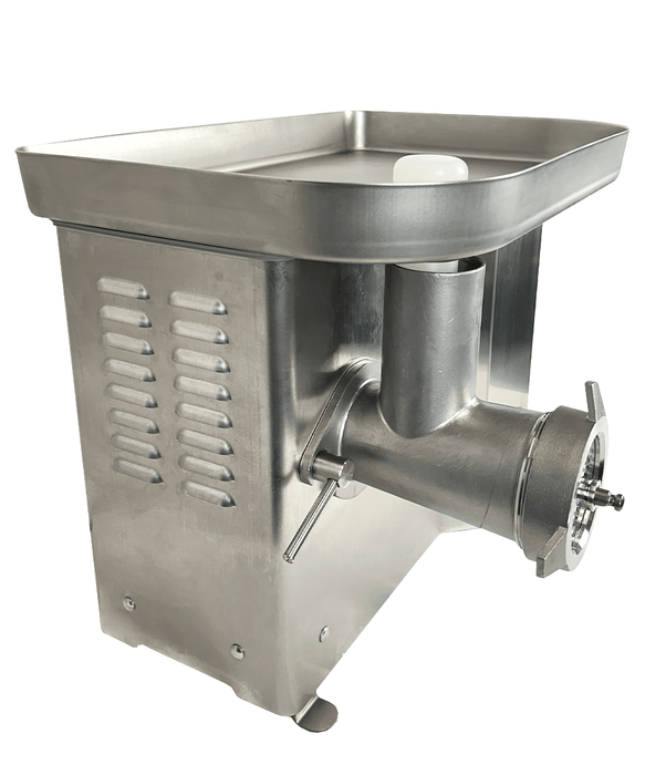 Stainless steel Combisteel meat mincer with three grinding plates on white background view 3