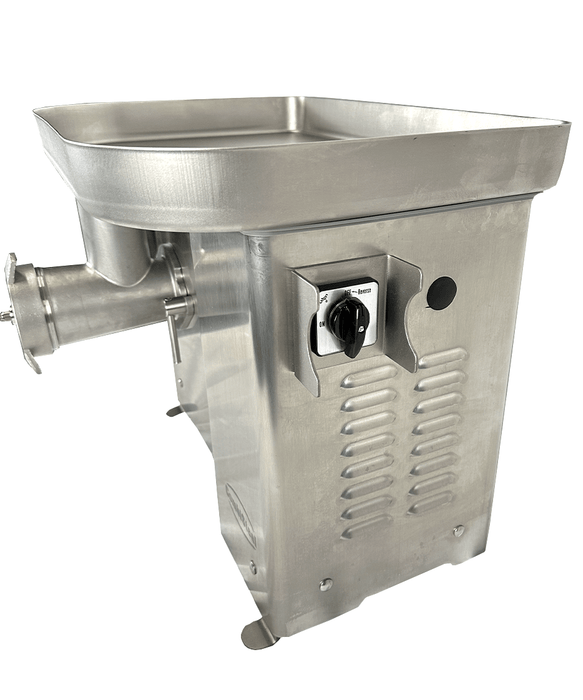 Stainless steel Combisteel meat mincer with three grinding plates on white background view 4