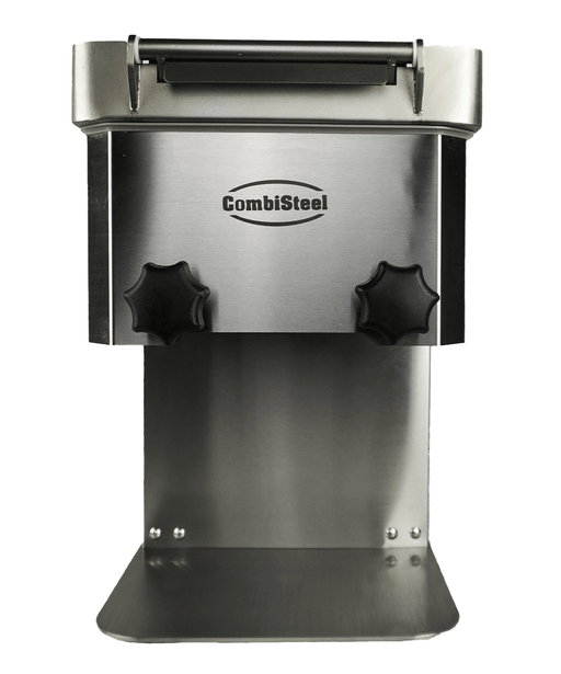 Stainless steel Combisteel meat slicer with fixed blade guard and control panel view 2