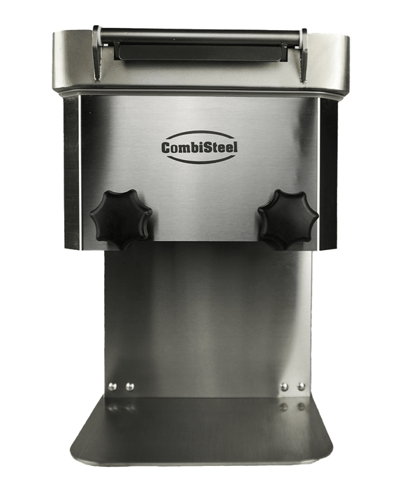 Stainless steel Combisteel meat slicer with fixed blade guard and control panel view 2