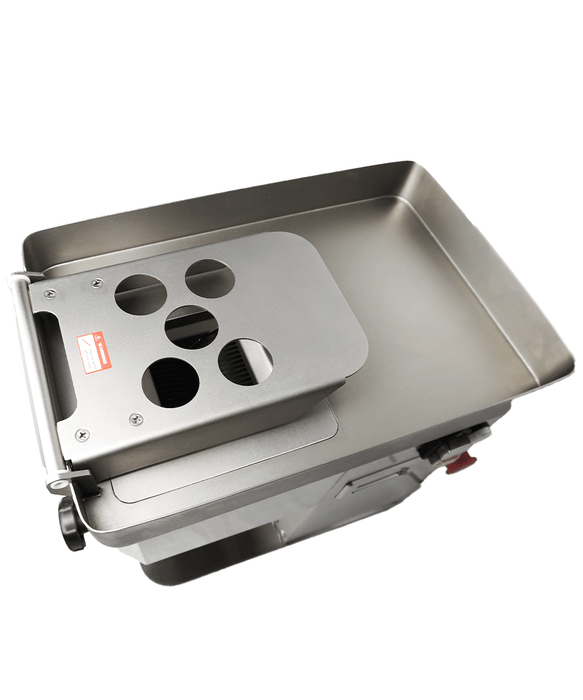 Stainless steel Combisteel meat slicer with fixed blade guard and control panel view 3